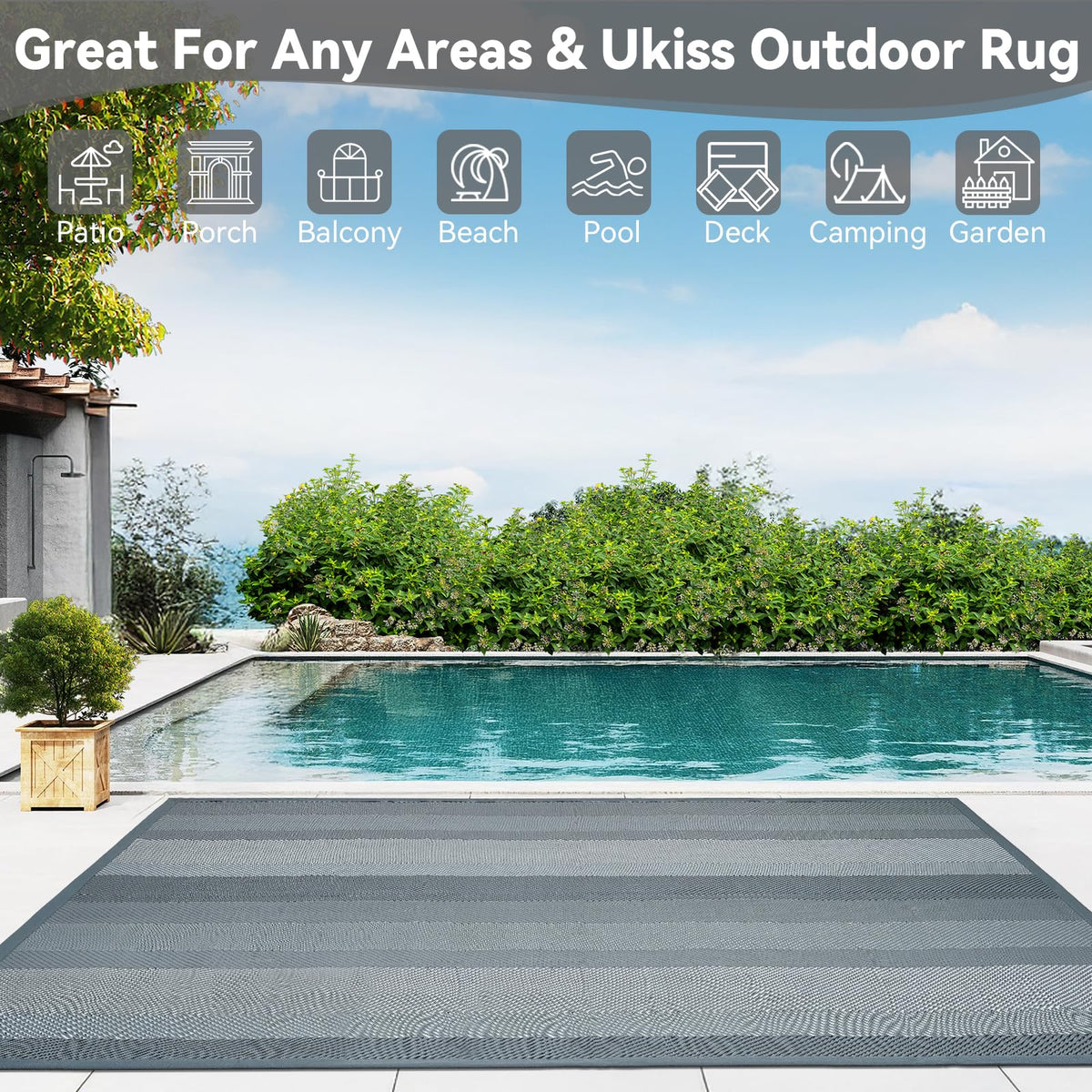 UKISS rug on beach deck showing water resistance and quick dry.