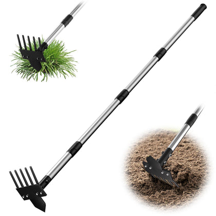 Ukiupop 2-in-1 hoe and 5-tine rake with 30-60 inch handle for easy weed control.