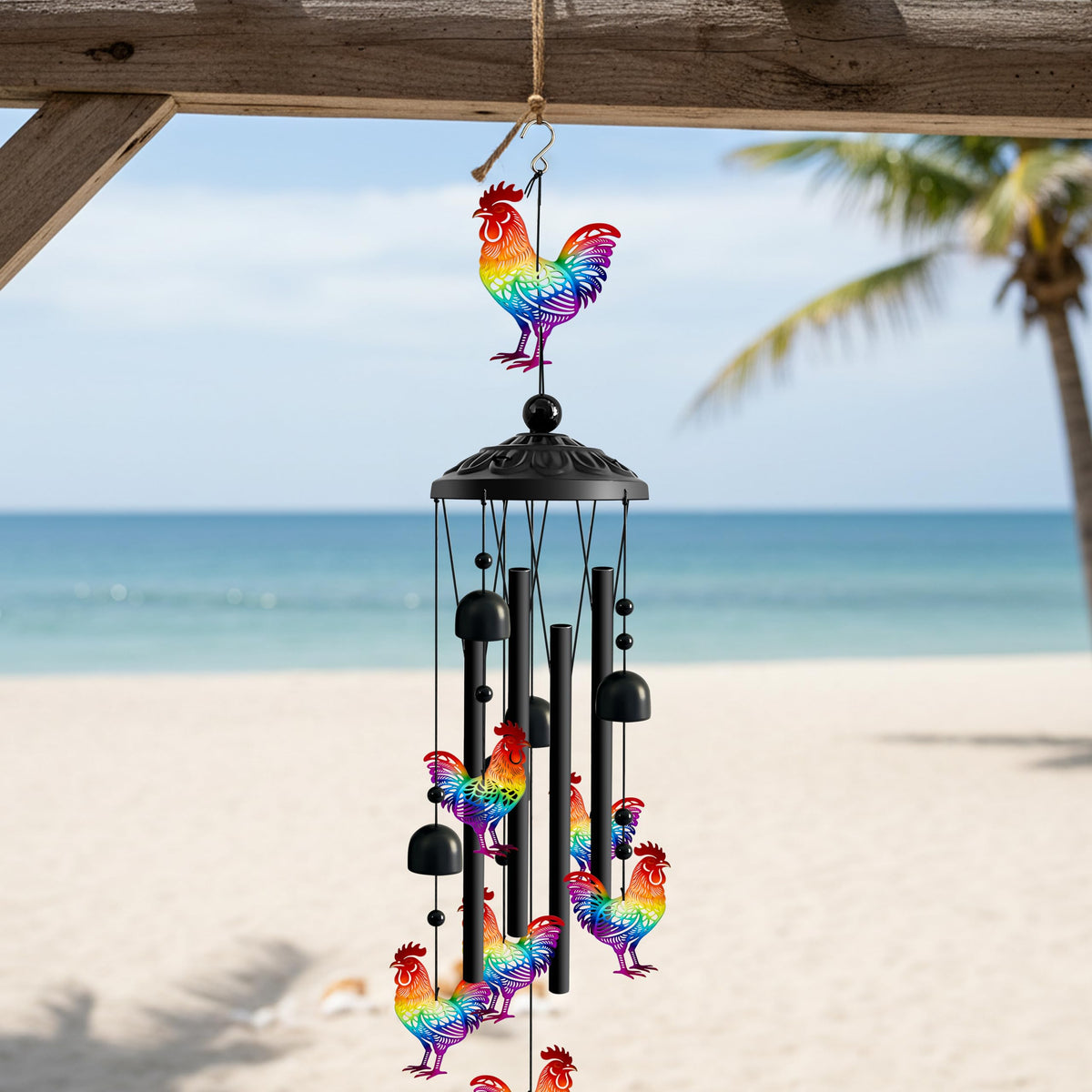 Ukulork wind chimes beads catching light and swaying gracefully.