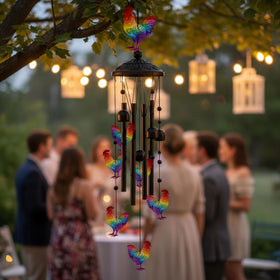 Ukulork wind chimes on covered porch hanging in a breezy setting.