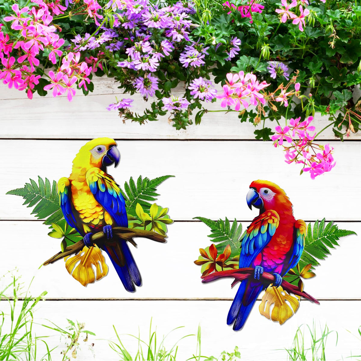 ULENDIS outdoor wall art macaw withstands weather with durable coating.