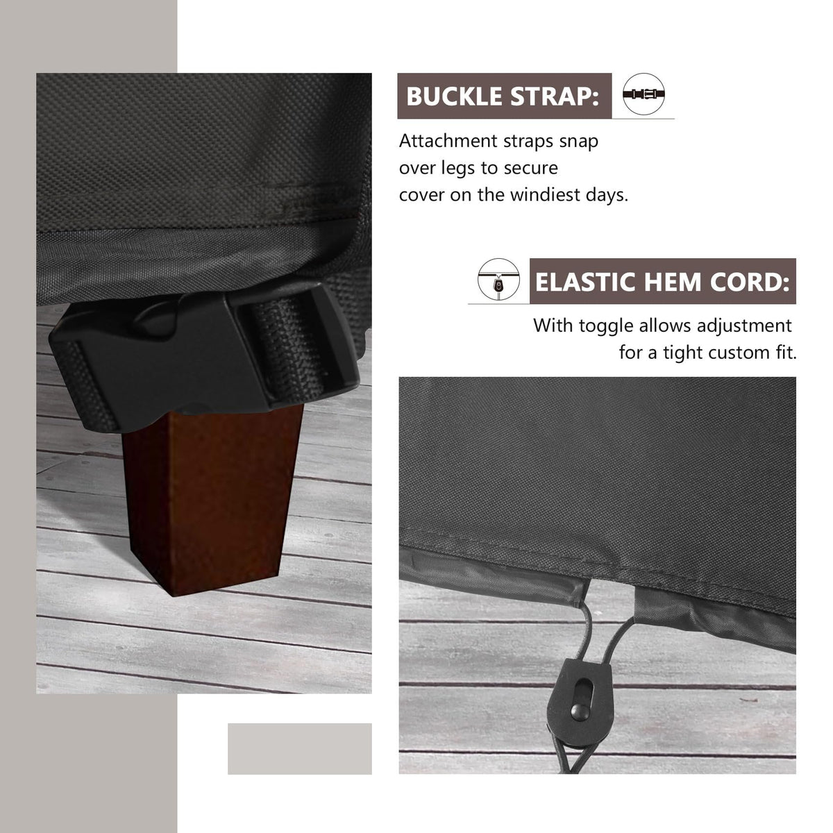 ULTCOVER waterproof backing protects the table from rain and moisture.
