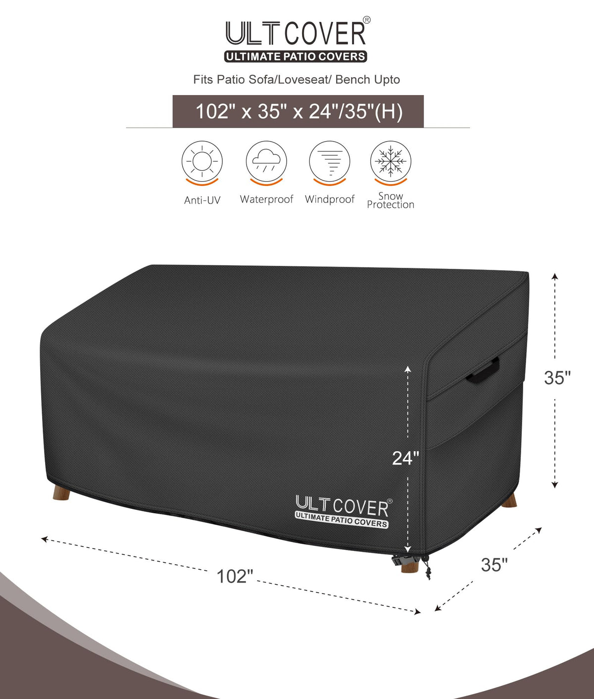 ULTCOVER outdoor 4-seater couch cover guards against sun fading.
