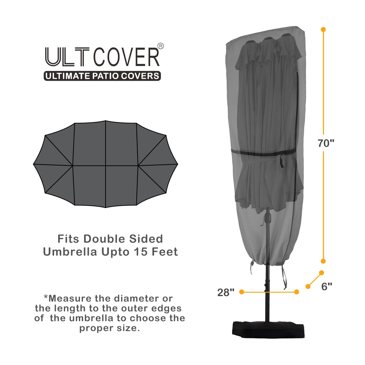 ULTCOVER outdoor market umbrella cover side view with reinforced clips and straps for a snug fit