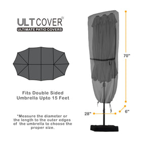 ULTCOVER outdoor market umbrella cover side view with reinforced clips and straps for a snug fit