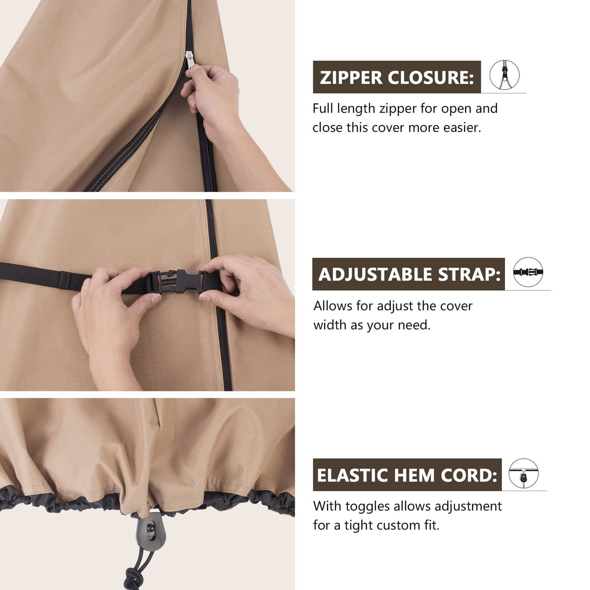 ULTCOVER patio parasol elastic hem cord provides a tight seal during storms.