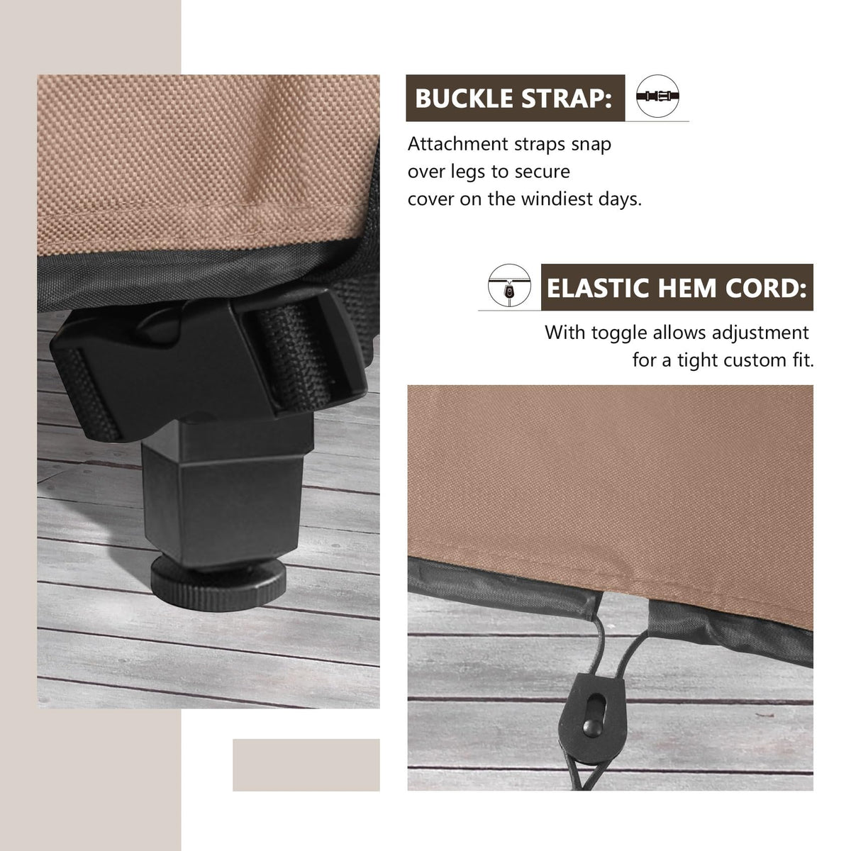 ULTCOVER stackable chair cover elastic drawcord secures legs in wind.