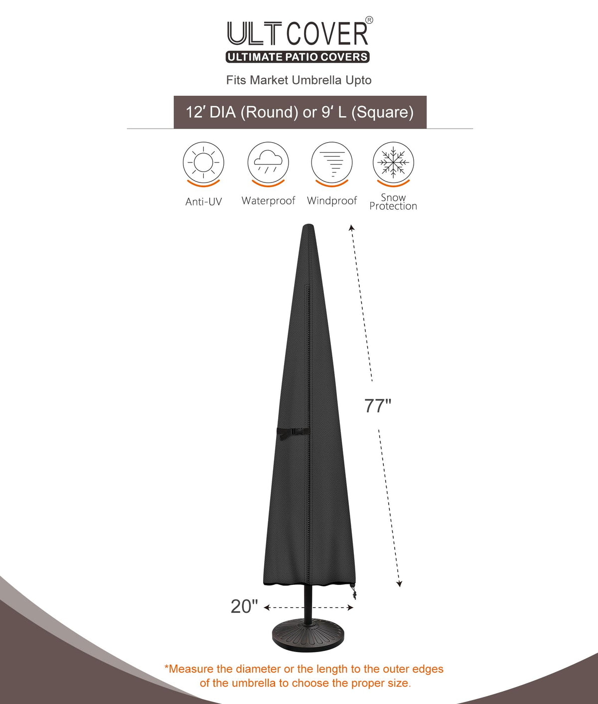 ULTCOVER umbrella cover with clip straps ensures snug, wind-ready fit
