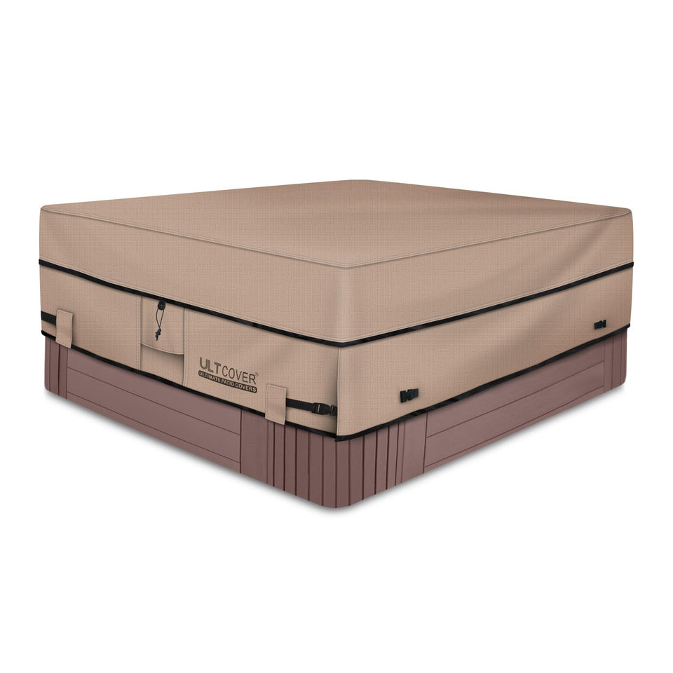 ULTCOVER waterproof 600D square hot tub cover protects 80x80 spa from rain and debris.