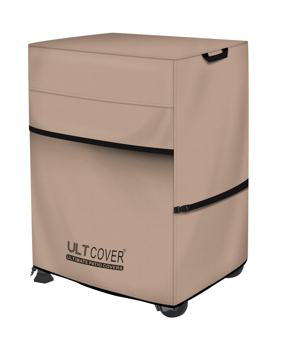 ULTCOVER waterproof grill cover shields a 32-inch outdoor grill from rain and dust.