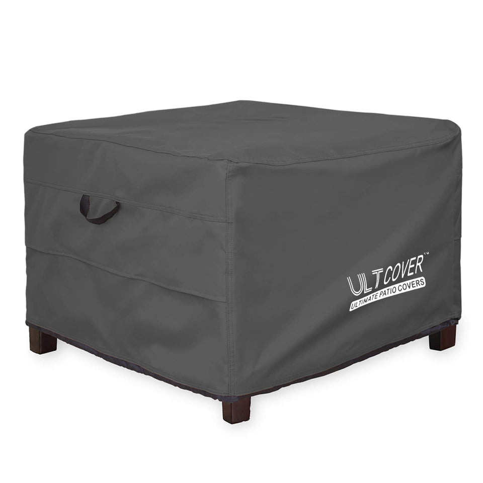 ULTCOVER waterproof ottoman cover in square shape protects a 24x24 inch table from rain.