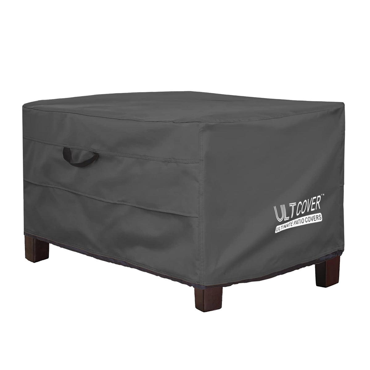 ULTCOVER waterproof rectangular ottoman cover shielding outdoor furniture from rain and debris.