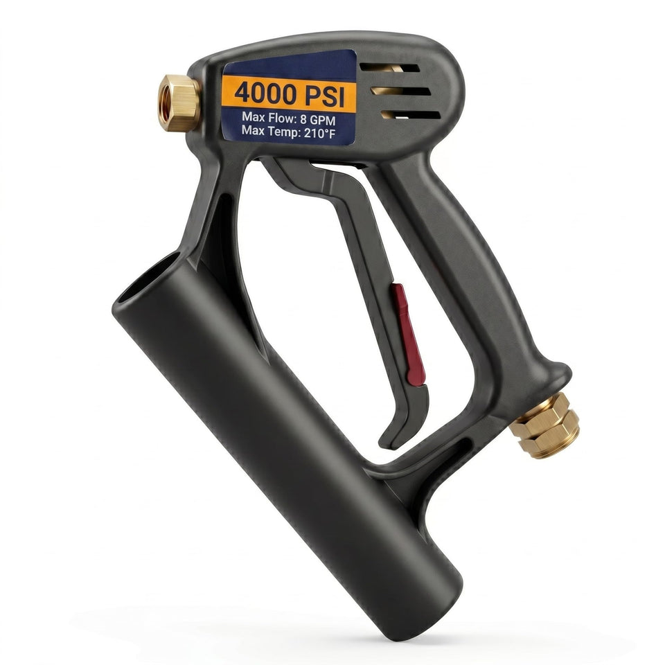 Ultimate Washer BE spray gun assembly viewed in full, highlighting control and durability for Whirl-a-Way cleaners