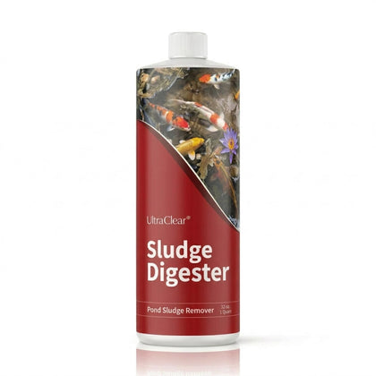 UltraClear Sludge Digester bottle pouring for quick, whole-pond dosing.