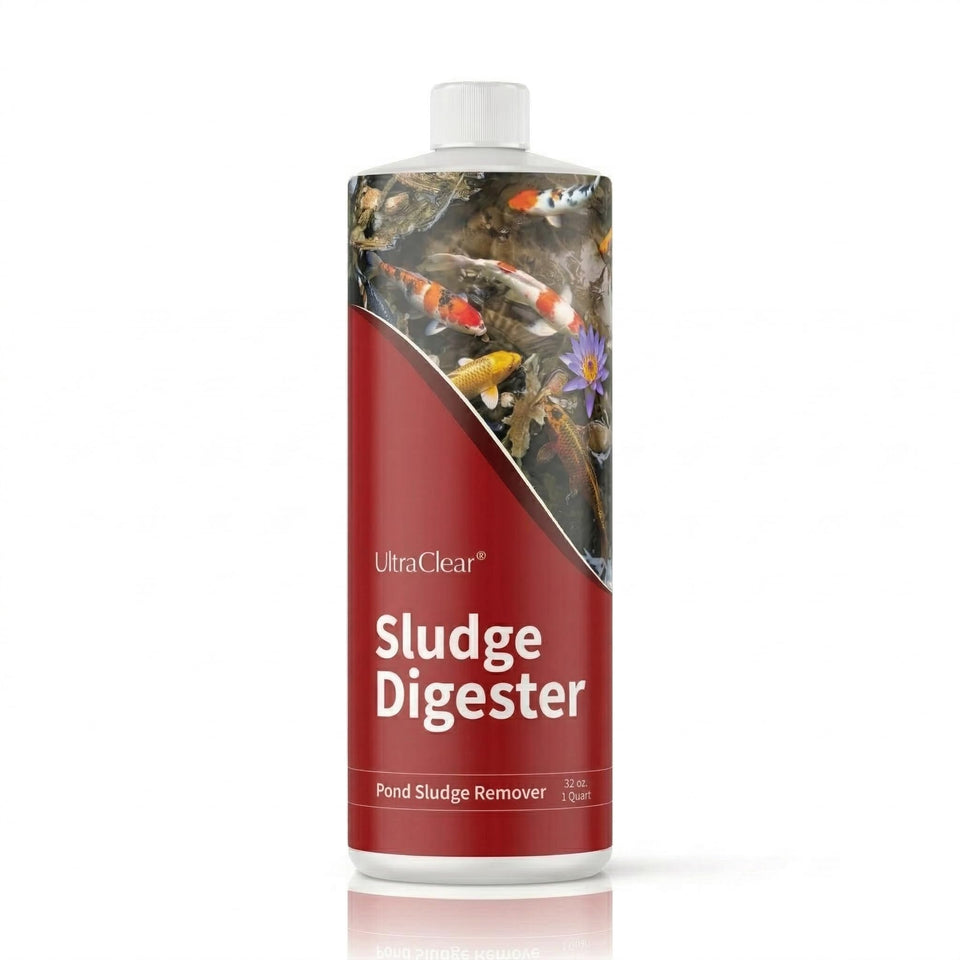 UltraClear Sludge Digester bottle pouring for quick, whole-pond dosing.