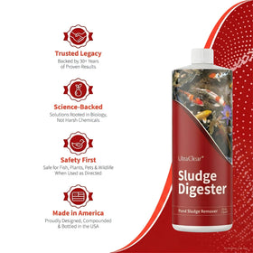 Dosing chart for UltraClear Sludge Digester: 1 oz per 1,000 gallons.