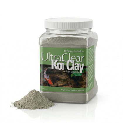 UltraClear Koi Clay jar close-up highlighting the mineral-rich formula for koi health