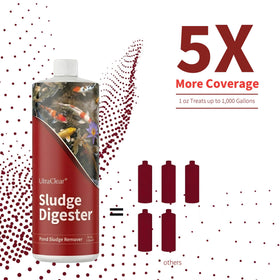 Safety label for UltraClear Sludge Digester highlighting koi and plant safety.