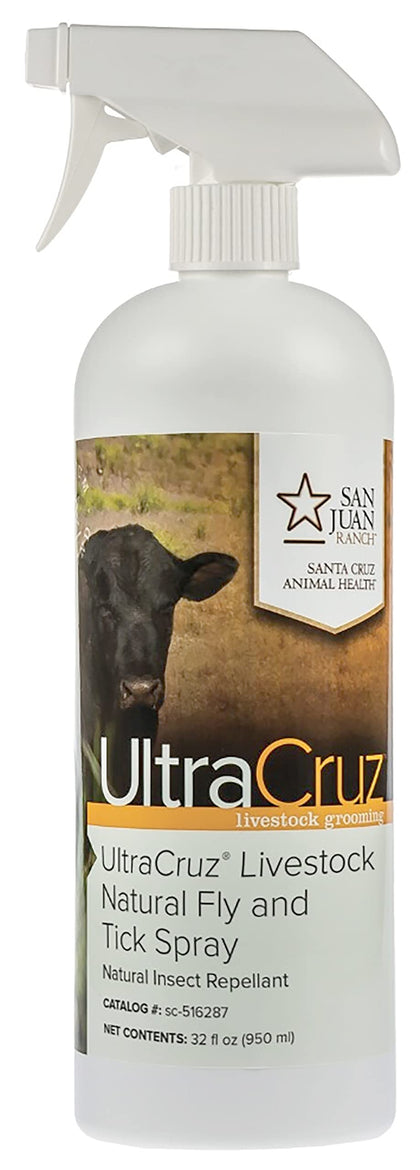 UltraCruz Livestock Natural Fly and Tick Spray bottle front for ready-to-use, pesticide-free protection.