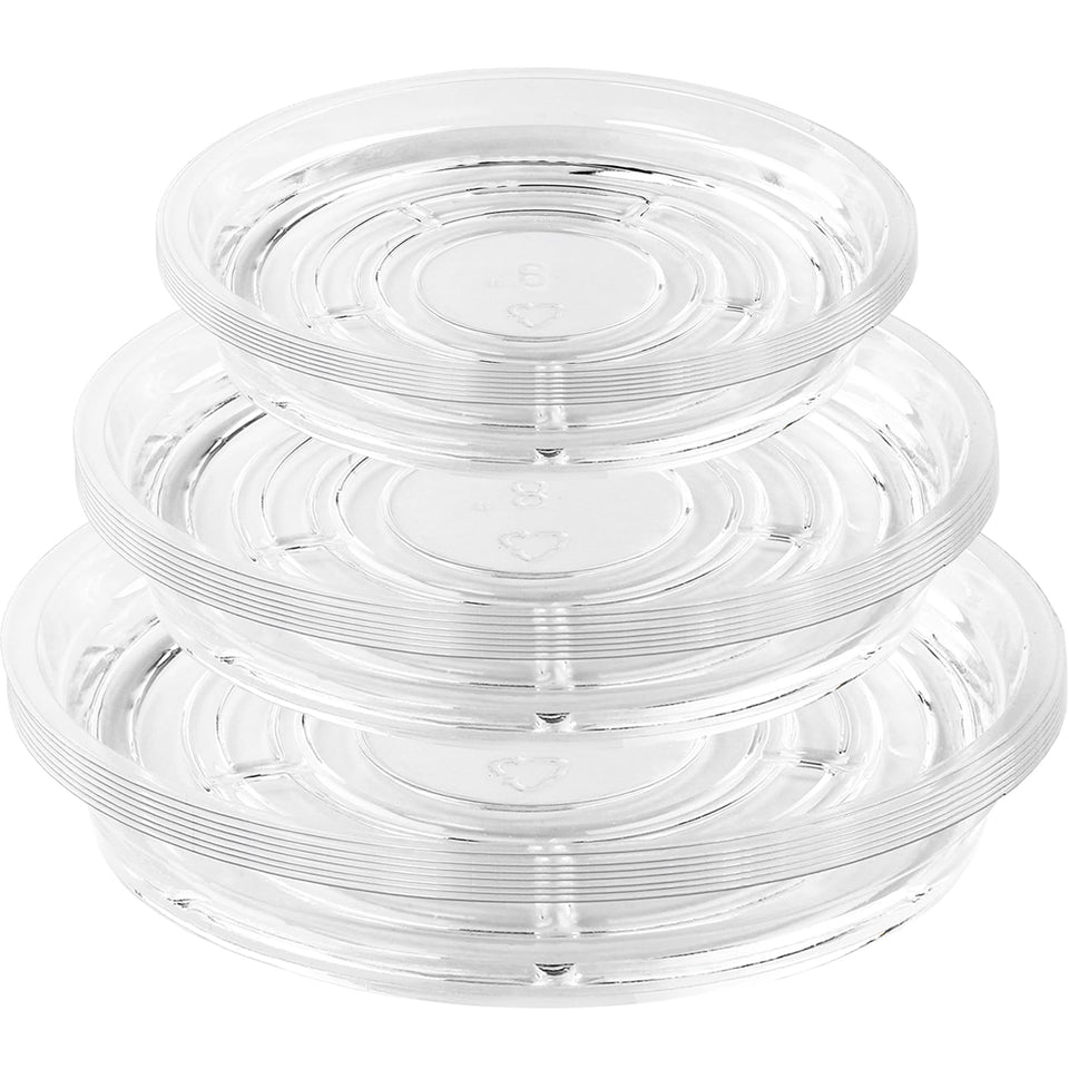 UltraOutlet 6-inch clear plant saucer shows crystal clarity for easy water containment.