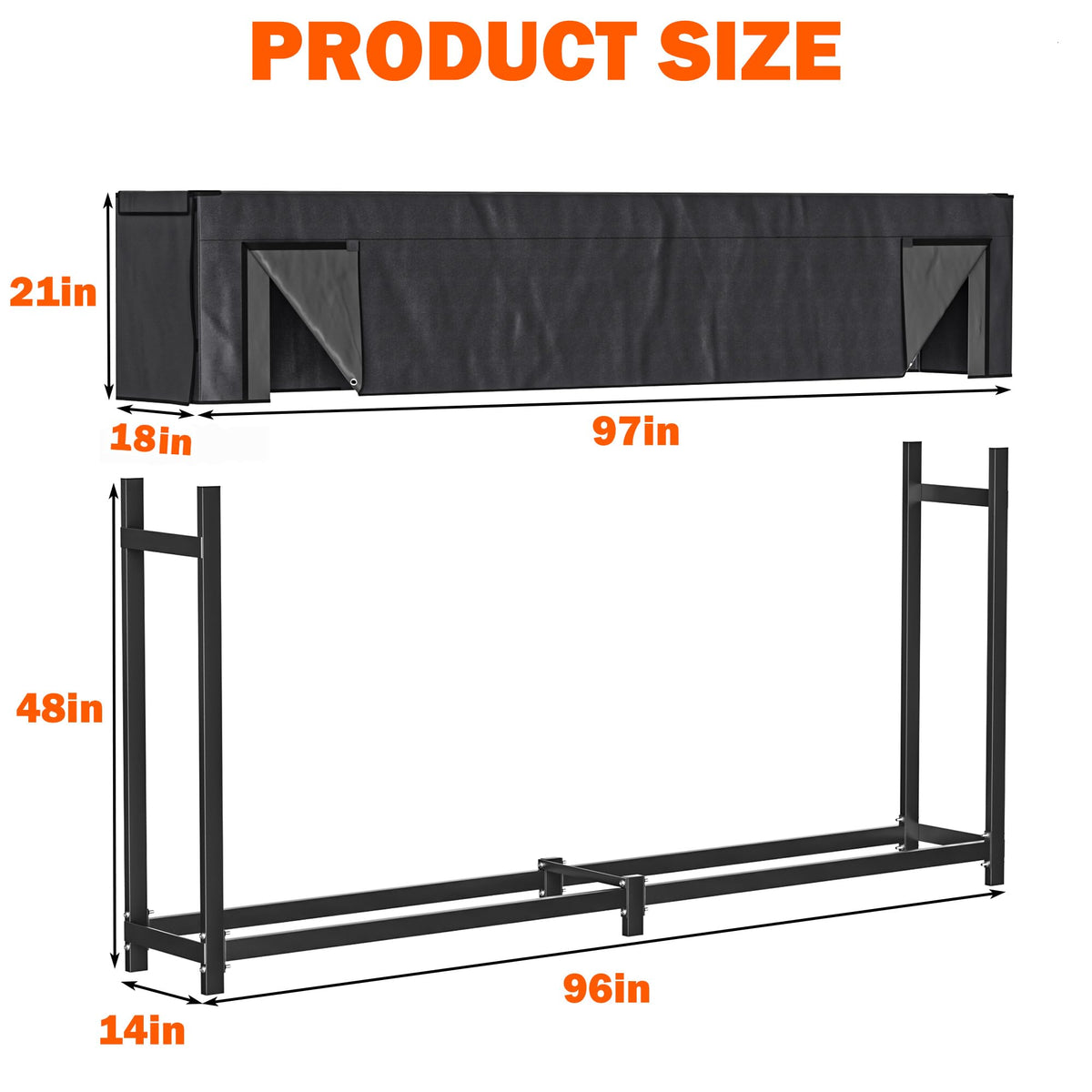 Ultrawall firewood rack with waterproof cover protecting wood from rain and snow.