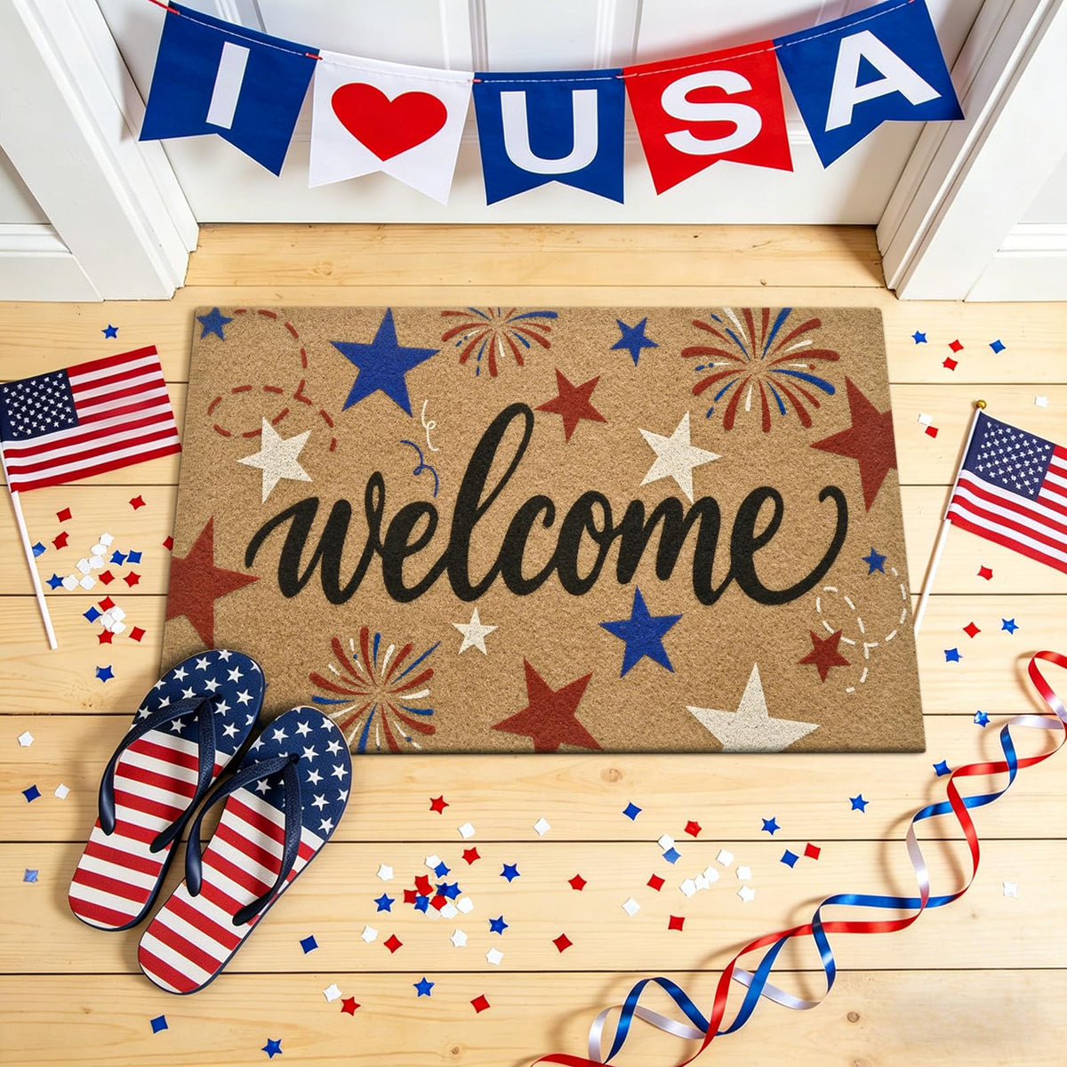 ULTSOFE red white blue patriotic doormat for outdoor entry, durable and inviting.