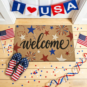 ULTSOFE red white blue patriotic doormat for outdoor entry, durable and inviting.