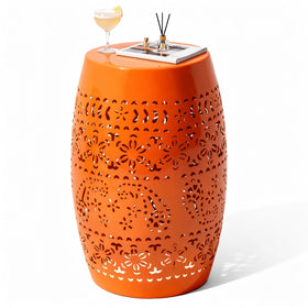 Ultym 18-inch drum-shaped table features durable metal suitable for indoor or outdoor use