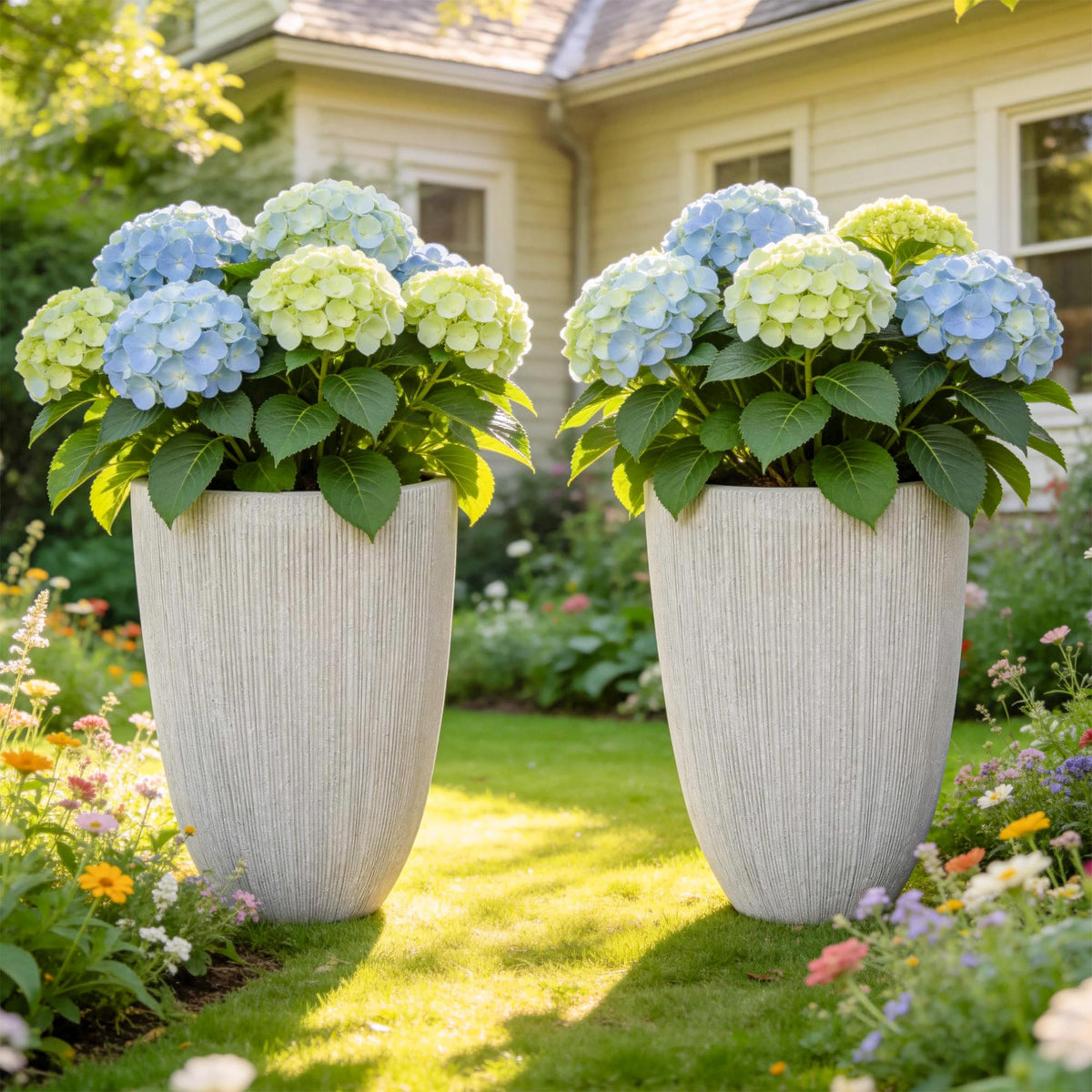 Ultym 19in tall planter set with Mediterranean beige fluted finish for versatile spaces