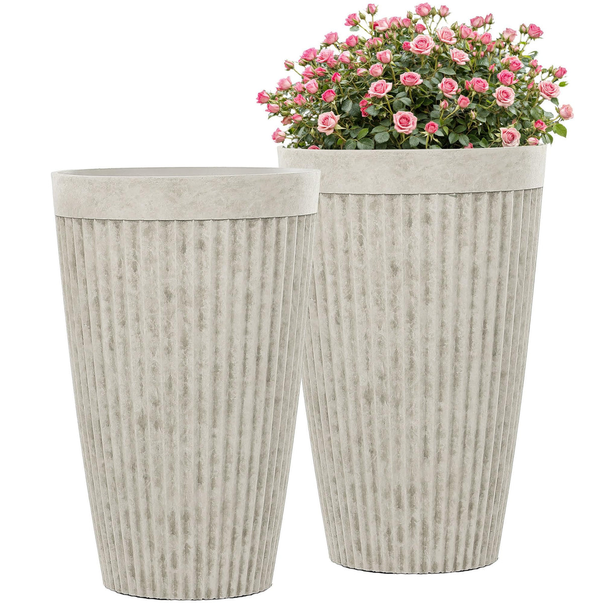 Ultym 20-inch resin tall planter on porch with fluted ivory texture for outdoor elegance.