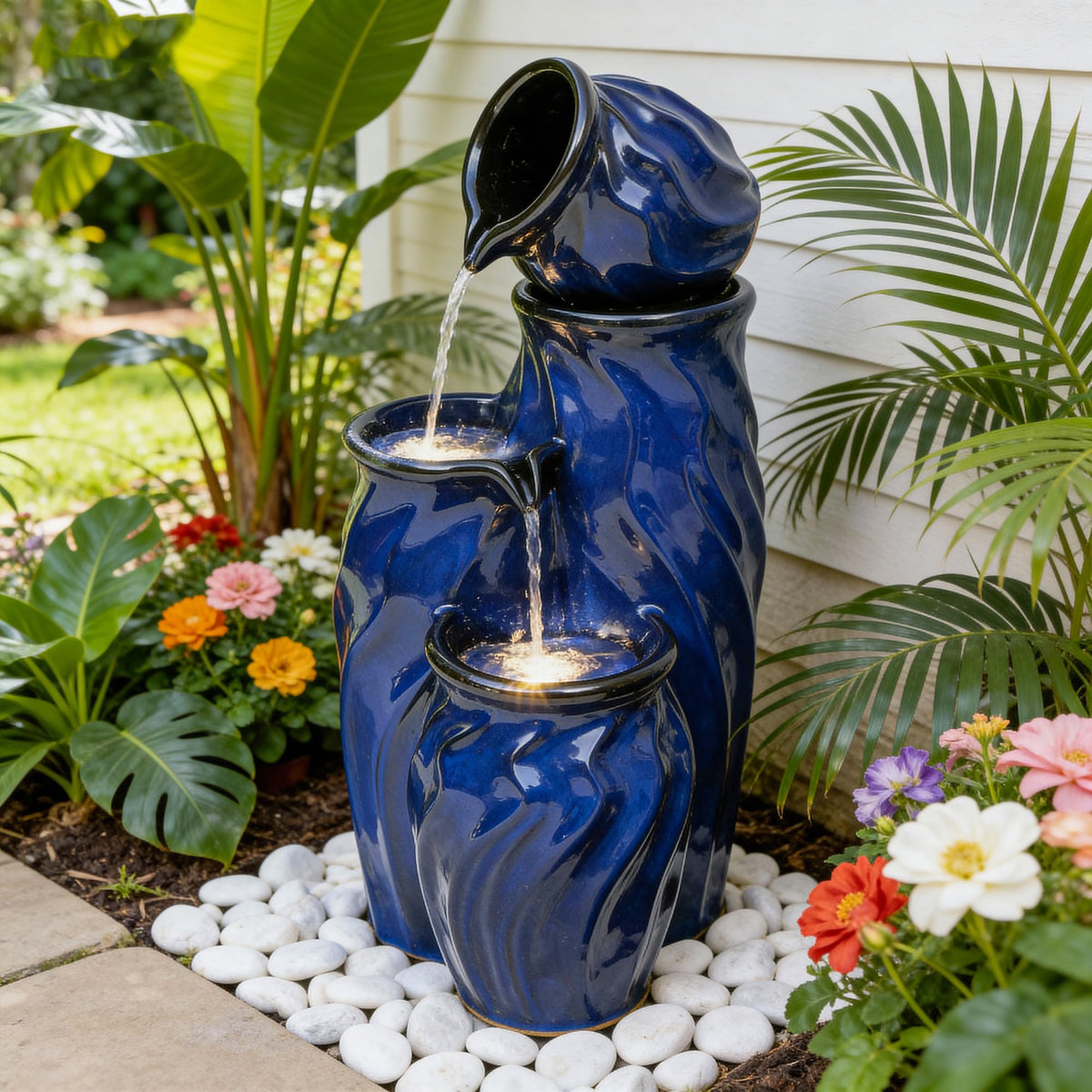 Ultym 29-inch ceramic fountain front view with four tiers and cobalt glaze