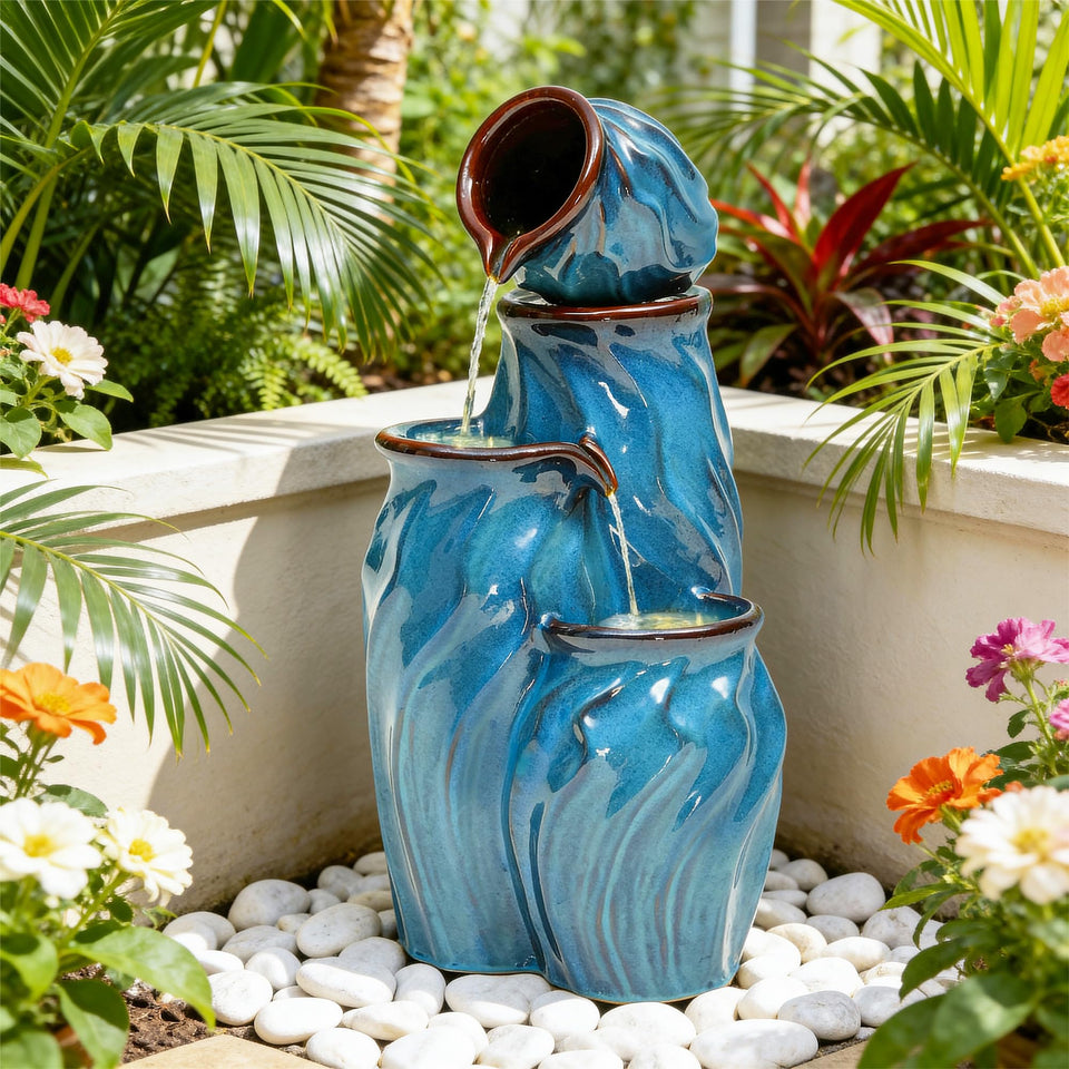 Ultym 29-inch ceramic fountain with four-tier pots as a striking garden centerpiece.