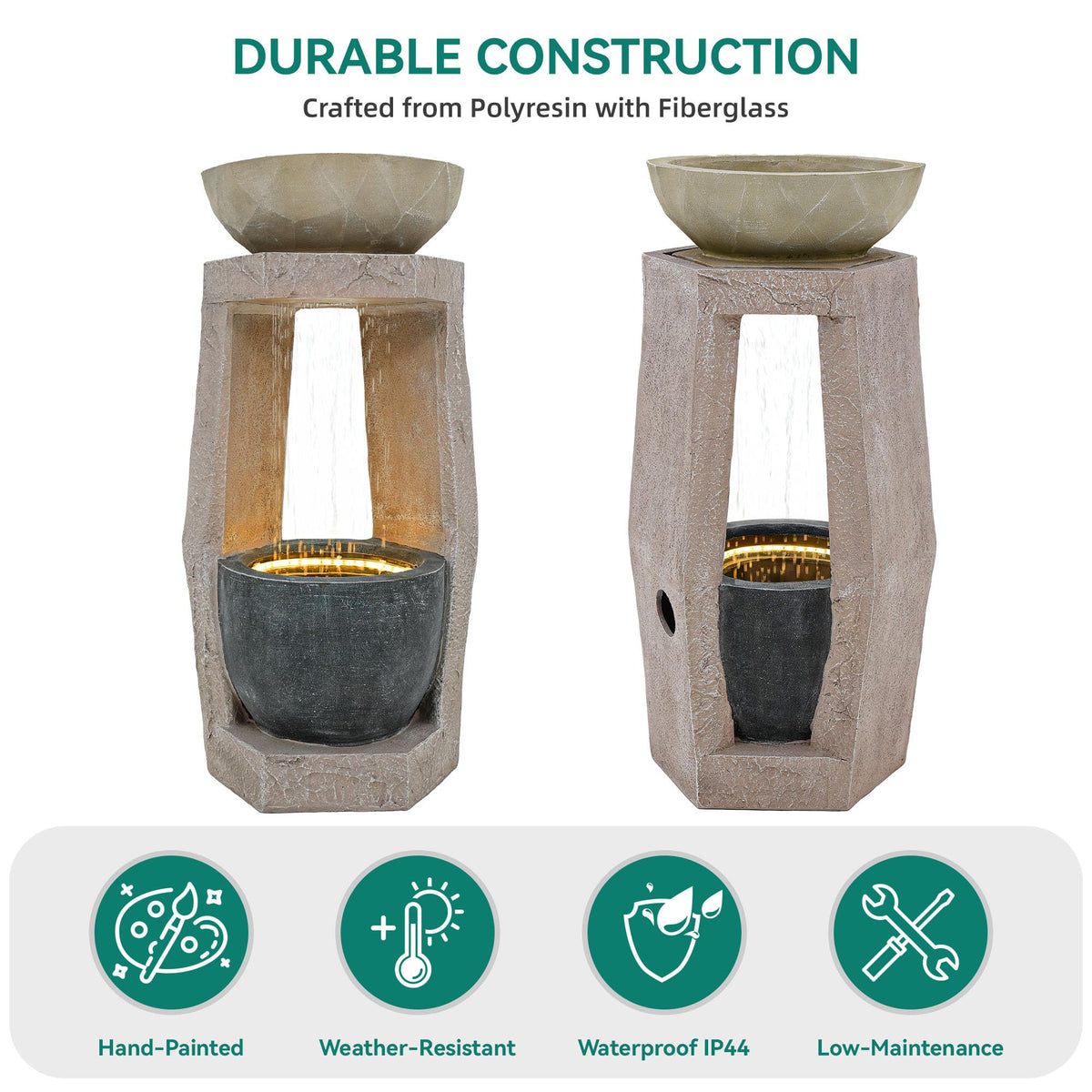 Ultym two-basin waterfall creates a tranquil soundscape for patios and gardens.