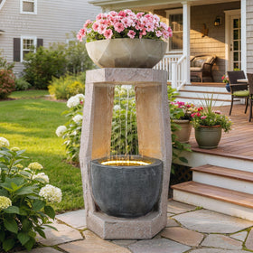 Ultym 32-inch fountain with hexagonal openwork columns creates a striking outdoor focal point.