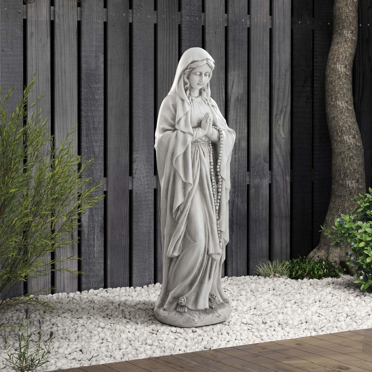 Ultym Virgin Mary statue with cross pendant adds graceful reverence.