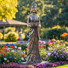 Ultym Buddha outdoor statue in gold-black finish adds serene garden elegance.