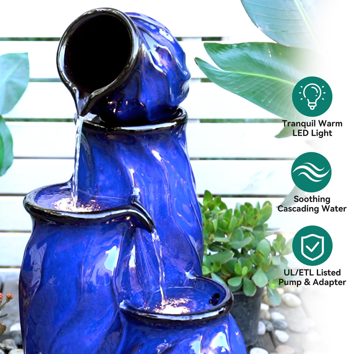 Ultym ceramic fountain highlighting weather-resistant glaze and durability