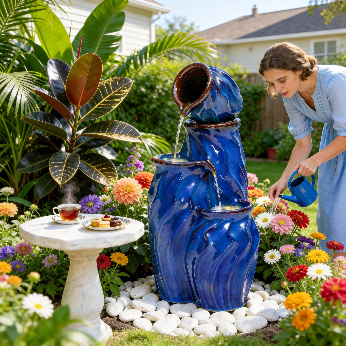 Ultym ceramic fountain close-up showing dynamic water flow