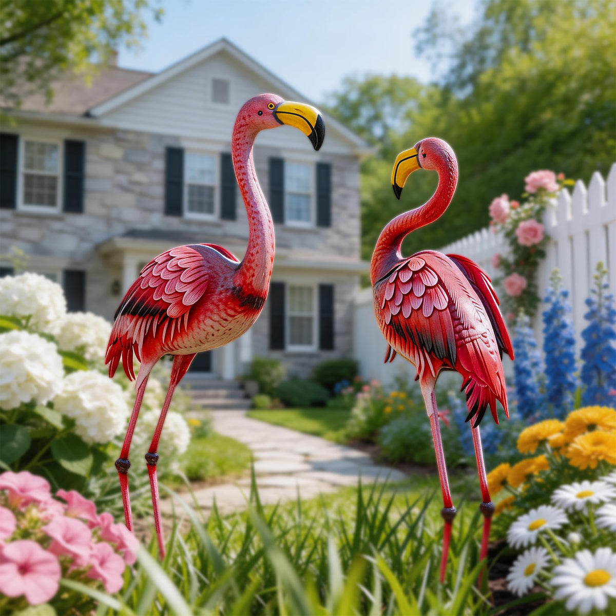 Ultym extra-large flamingo statue viewed with ground stakes for durable outdoor display.