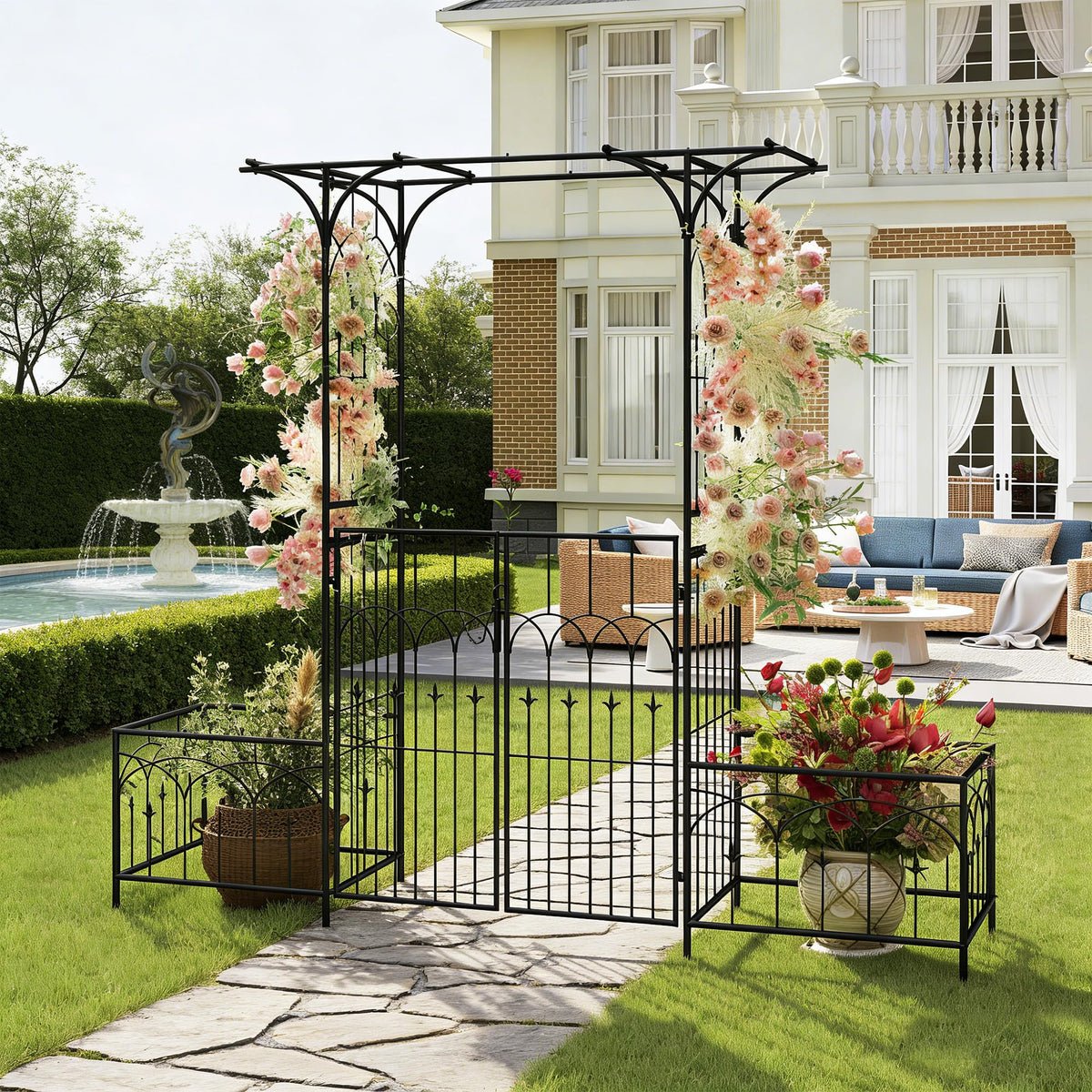 Ultym garden arbor with lights create a festive ceremony backdrop.