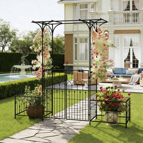 Ultym garden arbor with lights create a festive ceremony backdrop.