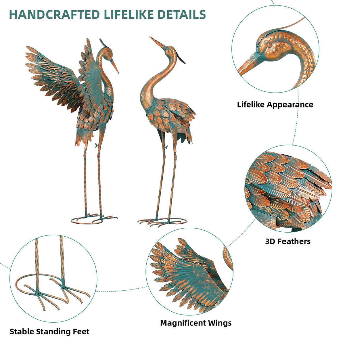 Ultym handcrafted metal crane sculpture adds elegance to gardens, yards, or indoor spaces.