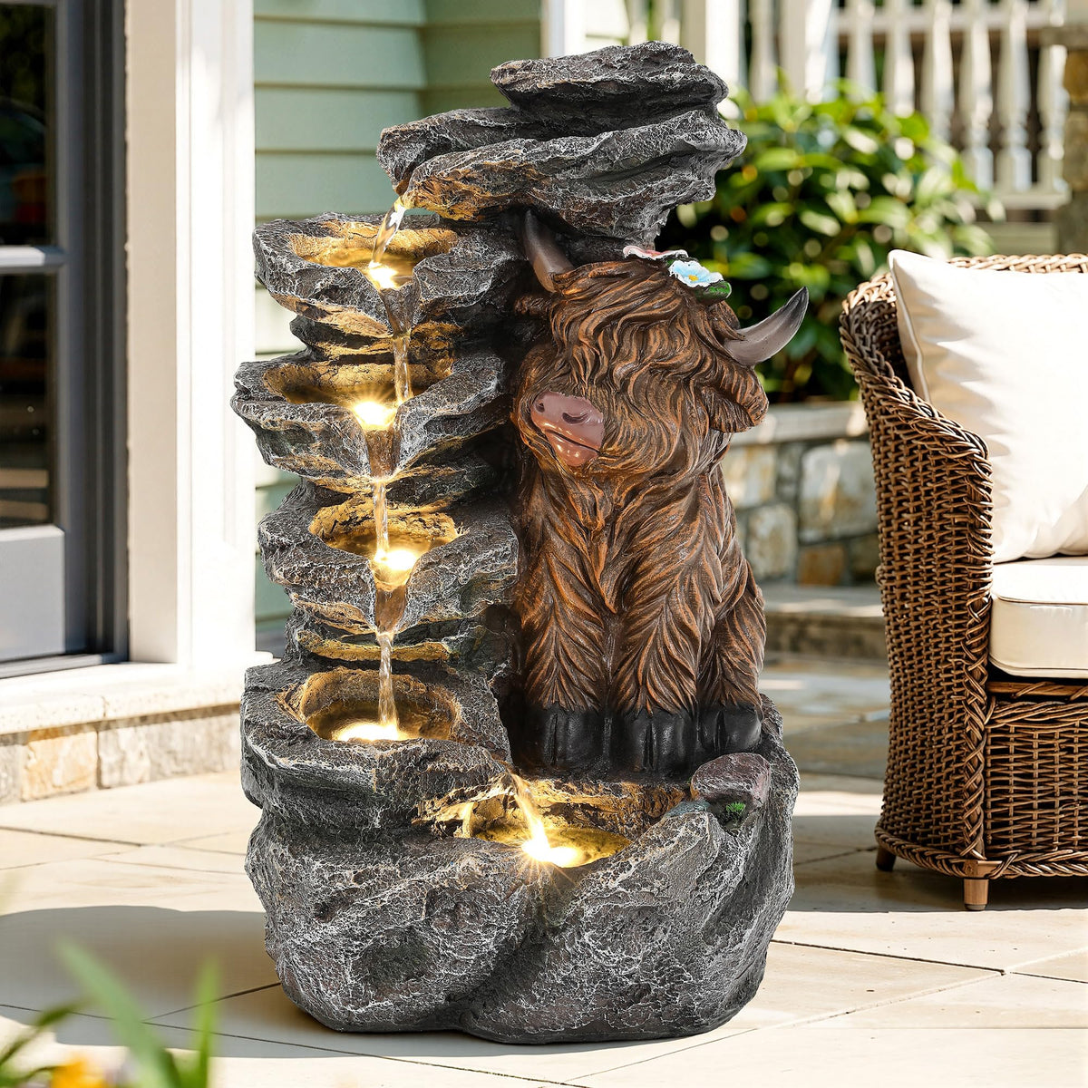 Ultym Highland Cow fountain displayed in a lush garden setting