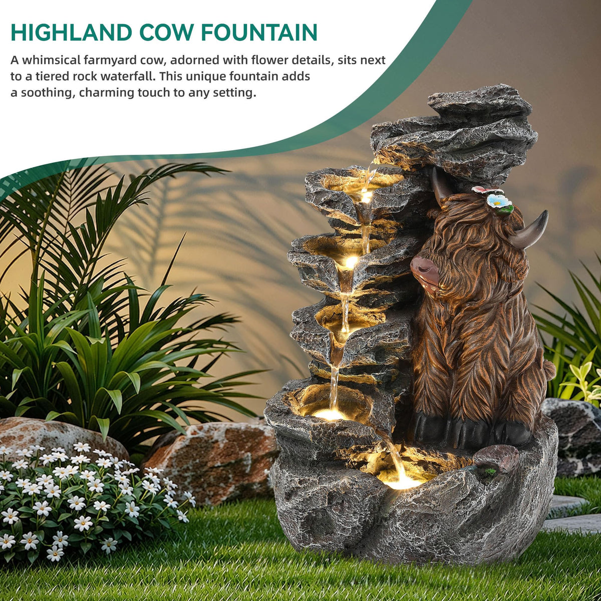 Ultym Highland Cow fountain LED night glow enhances ambient outdoor mood