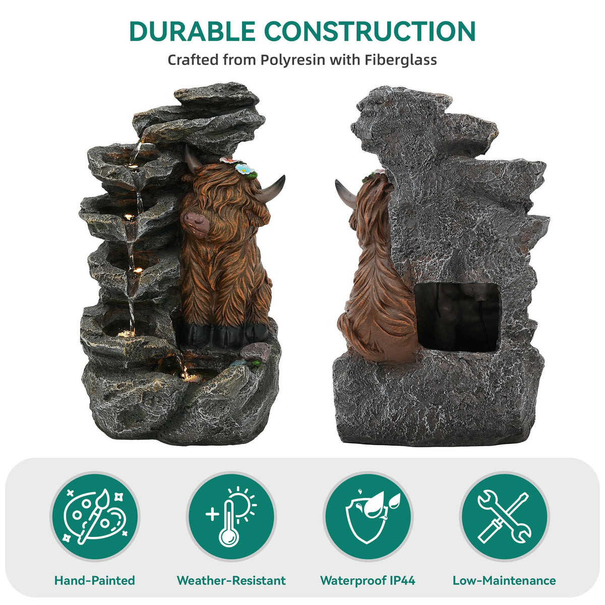 Ultym Highland Cow fountain quick plug and play installation