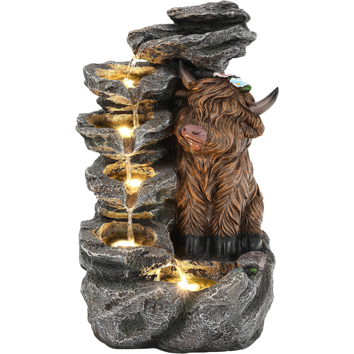 Ultym Highland Cow fountain wood grain texture complements natural aesthetics
