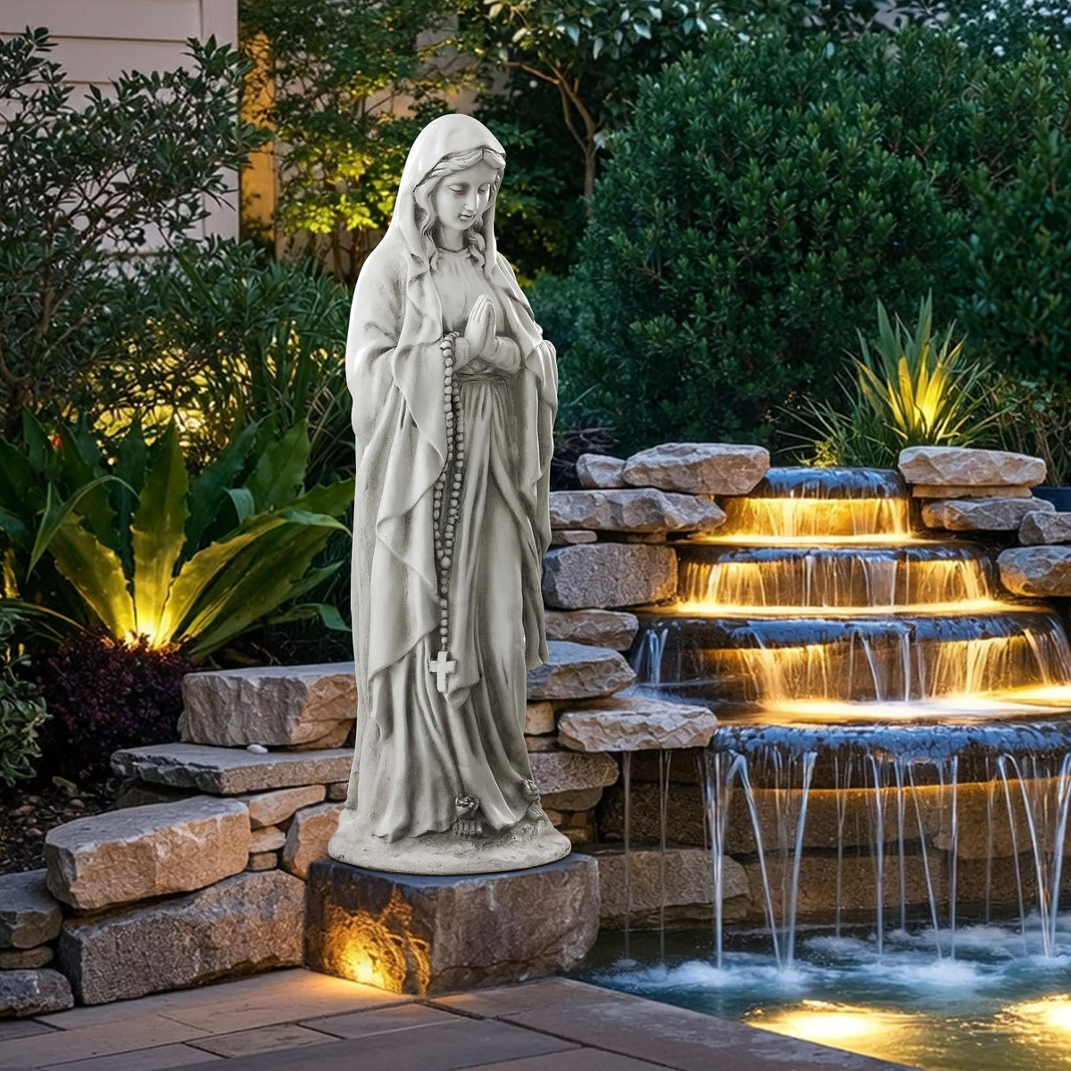 Ultym Madonna Blessed Mother statue enhances outdoor space with serene presence.