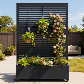 Ultym metal planter box with trellis shows a sturdy frame for climbing vegetables.