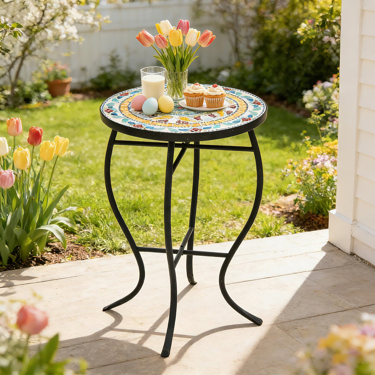 Ultym mosaic side table top view showing a vibrant focal piece for patios and gardens