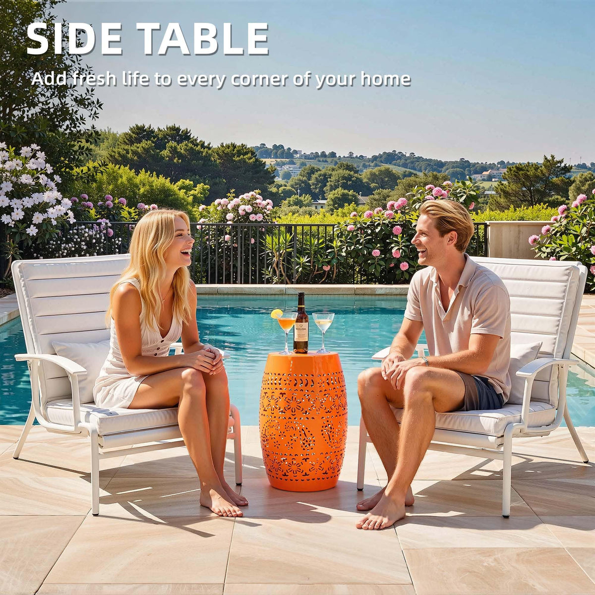 Ultym no-assembly-required setup offers instant style beside sofas, beds, or patios